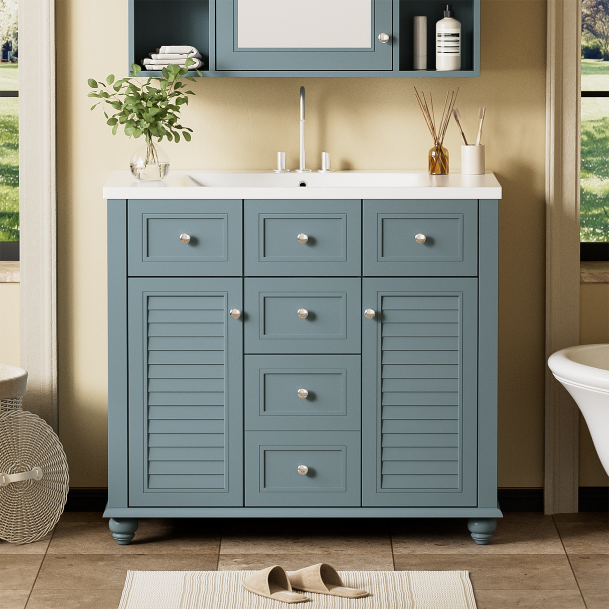 36 "bathroom makeup cabinet with resin sink combination and 2 drawers, with soft closing door, blue color eprolo