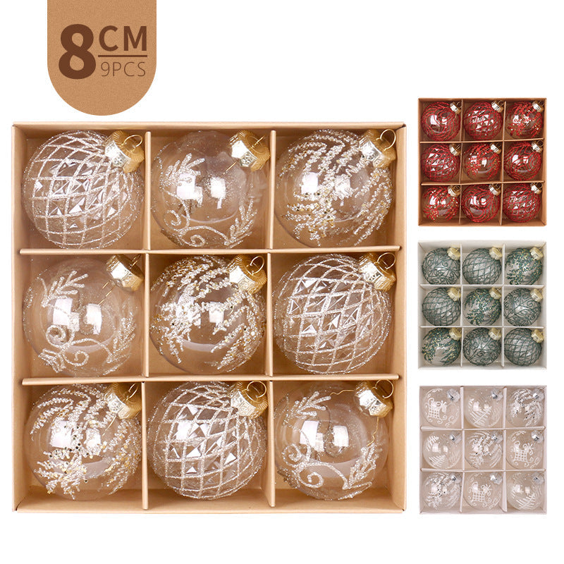Christmas decorations 8cm/9PCS transparent PET painted Christmas ball gift box set Christmas tree pendant eprolo