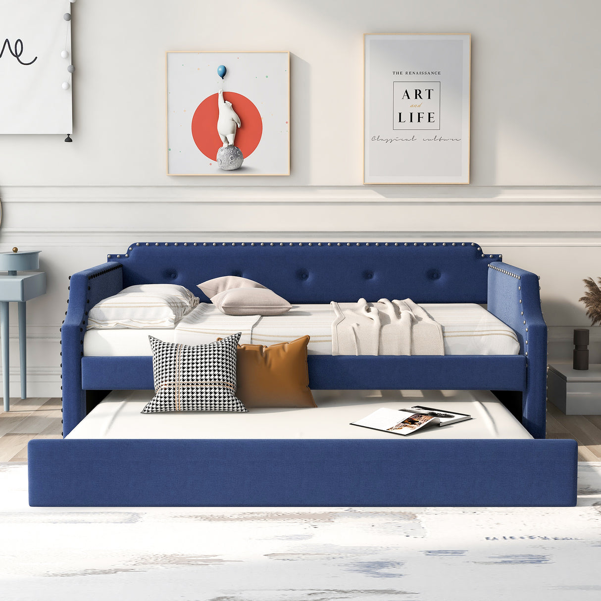 Upholstered Daybed with Trundle, Wood Slat Support,Upholstered Frame Sofa Bed Twin Blue - Julia M LifeStyles