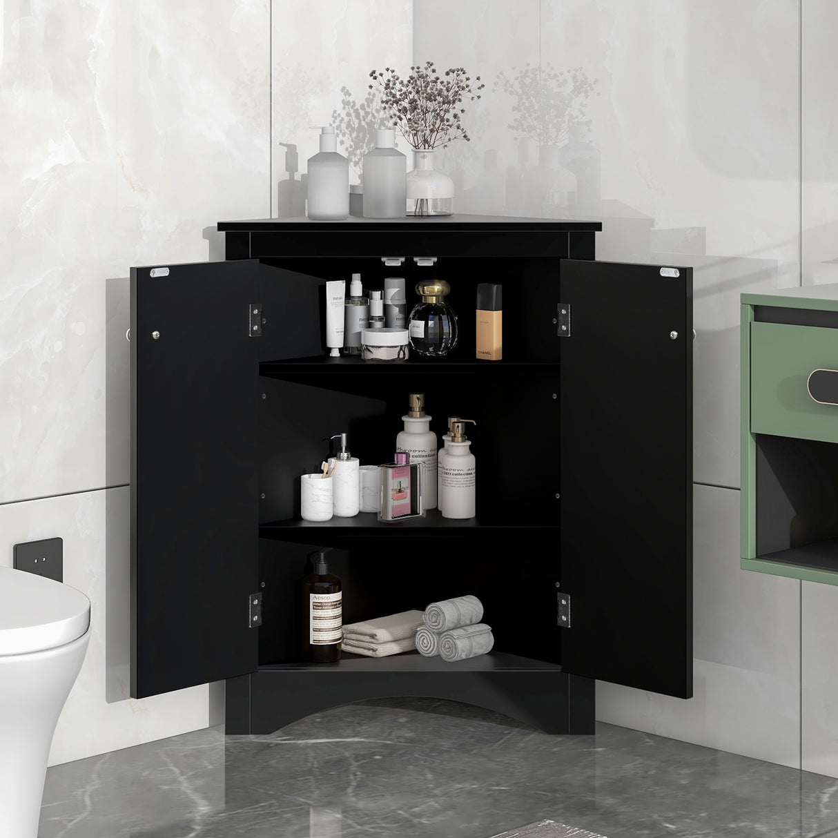 Black Triangle Bathroom Storage Cabinet with Adjustable Shelves, Freestanding Floor Cabinet for Home Kitchen - Julia M LifeStyles