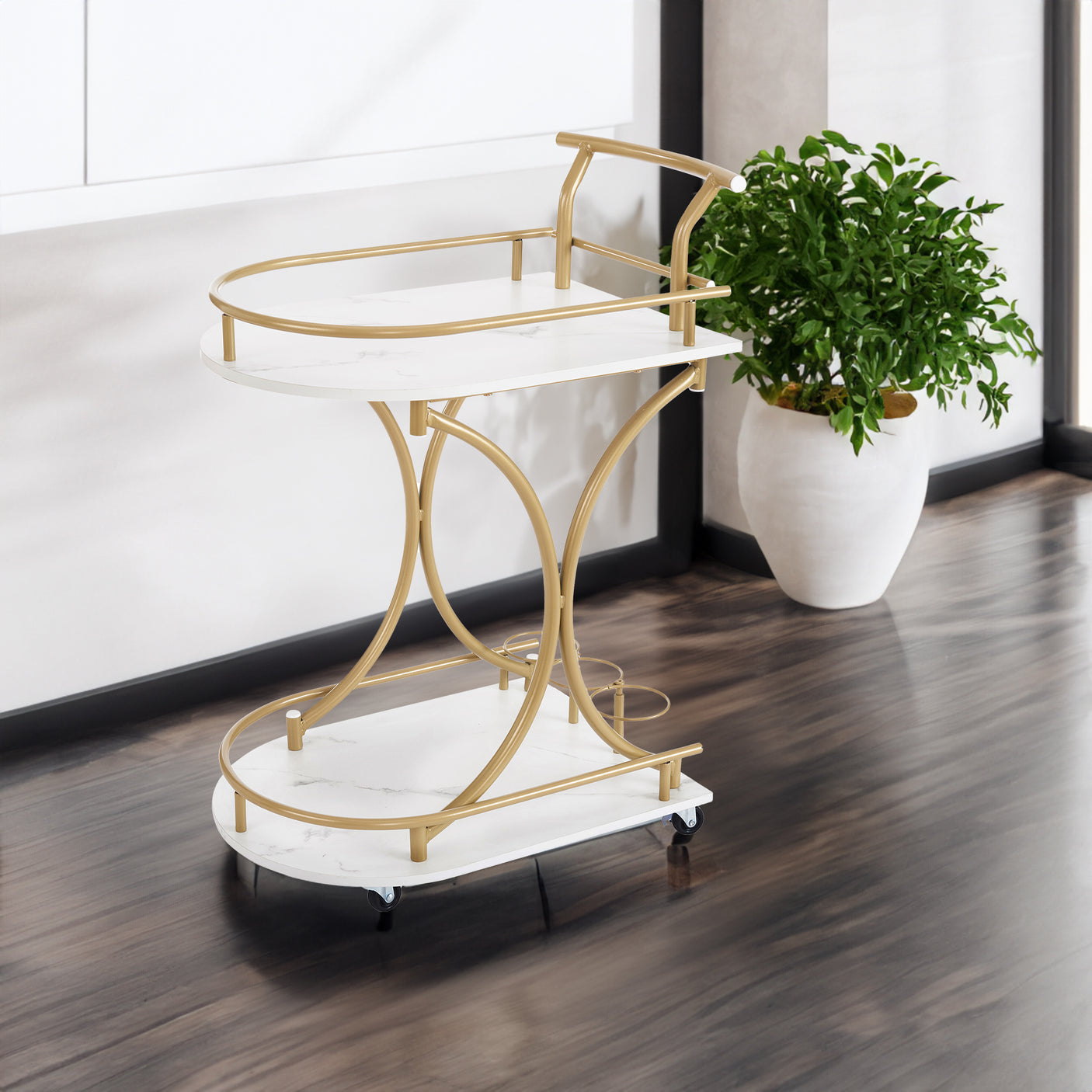 Golden Two-Tier Industrial Style Rolling Bar Cart with Wine & Glass Holders