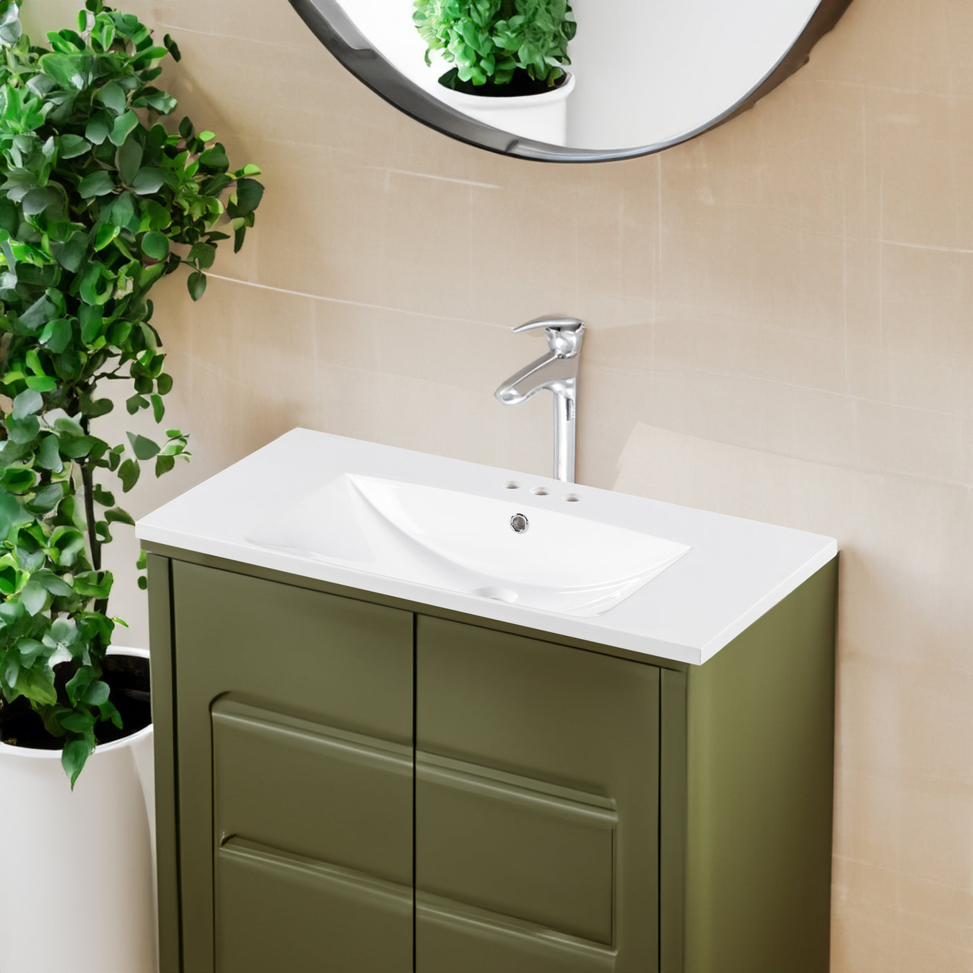 36" Single Bathroom Basin Sink, Vanity Top Only, 3-Faucet Holes, Resin - Julia M LifeStyles