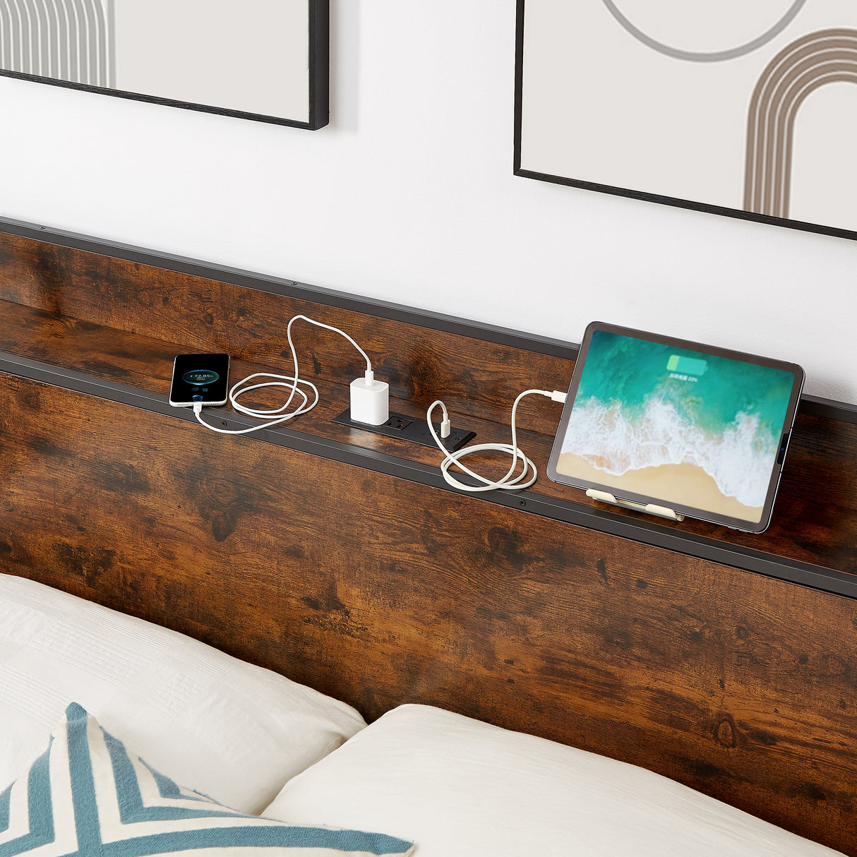Bed frame with charging station full size, Rustic Brown, 83.1'' L x 56.1'' W x 39'' H eprolo