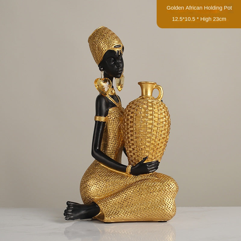 Elegant Golden Resin African Girls' Ethnic Home Sculptures