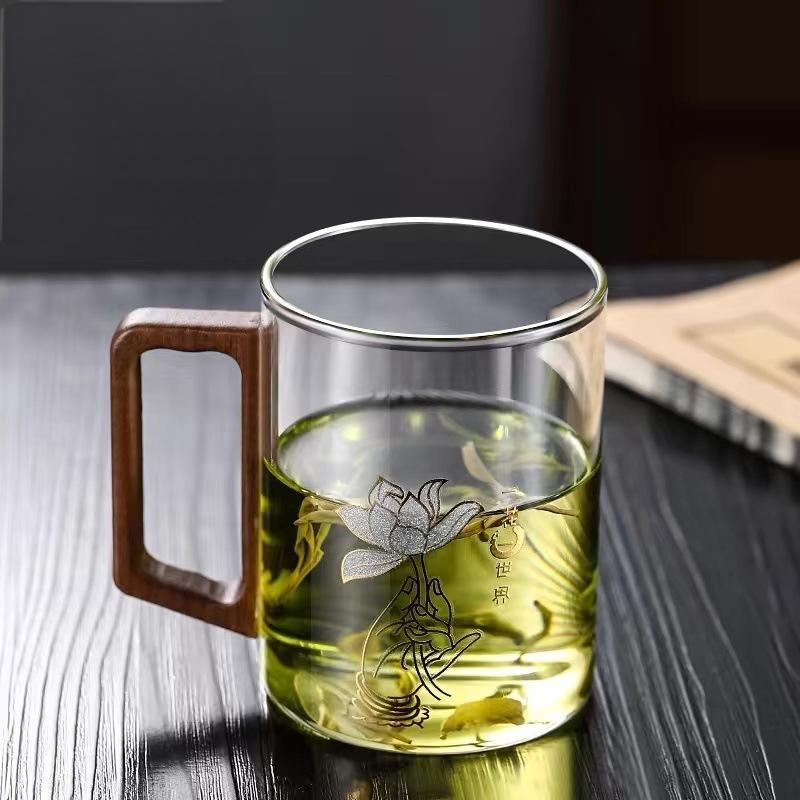 High end green tea cup with walnut handle and lid. High temperature resistant glass office drinking cup Julia M Home & Kitchen