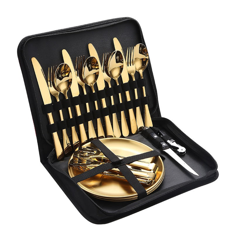 Stainless Steel Tableware Outdoor Camping Western Style Steak Knife Fork Spoon Dinner Plate Set Portable Cloth Bag Set Julia M Home & Kitchen