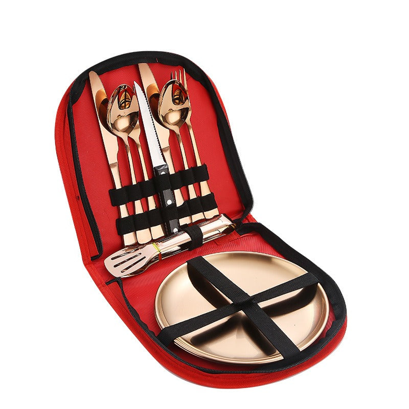 Stainless Steel Tableware Outdoor Camping Western Style Steak Knife Fork Spoon Dinner Plate Set Portable Cloth Bag Set Julia M Home & Kitchen