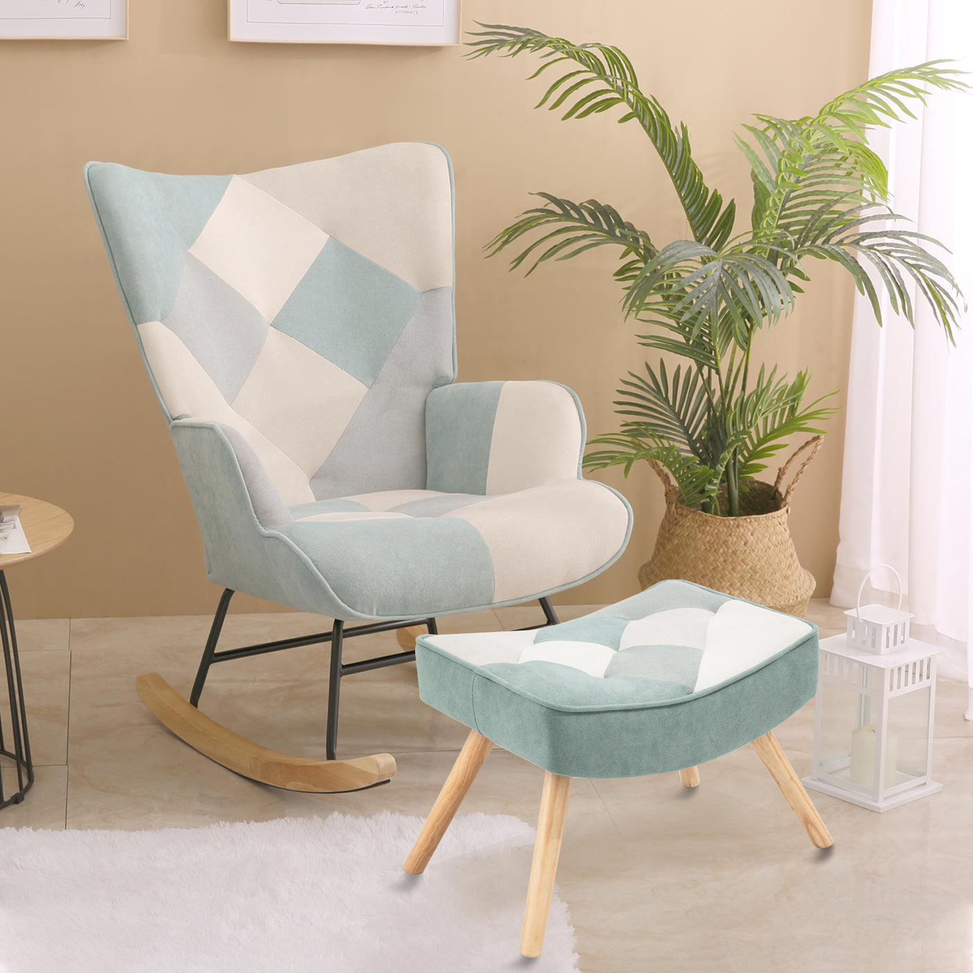 Rocking Chair with ottoman, Mid Century Fabric Rocker Chair with Wood Legs and Patchwork Linen for Livingroom Bedroom - Julia M LifeStyles