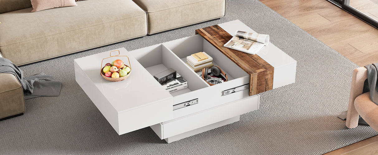 ON-TRANS 31.4 inches x 31.4 inches with sliding tabletop, high gloss center table, hidden storage room white - Julia M LifeStyles