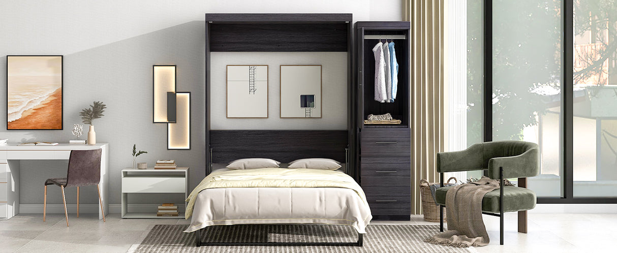 Full Size Murphy Bed with Wardrobe and Drawers, Storage Bed, can be Folded into a Cabinet, Gray - Julia M LifeStyles