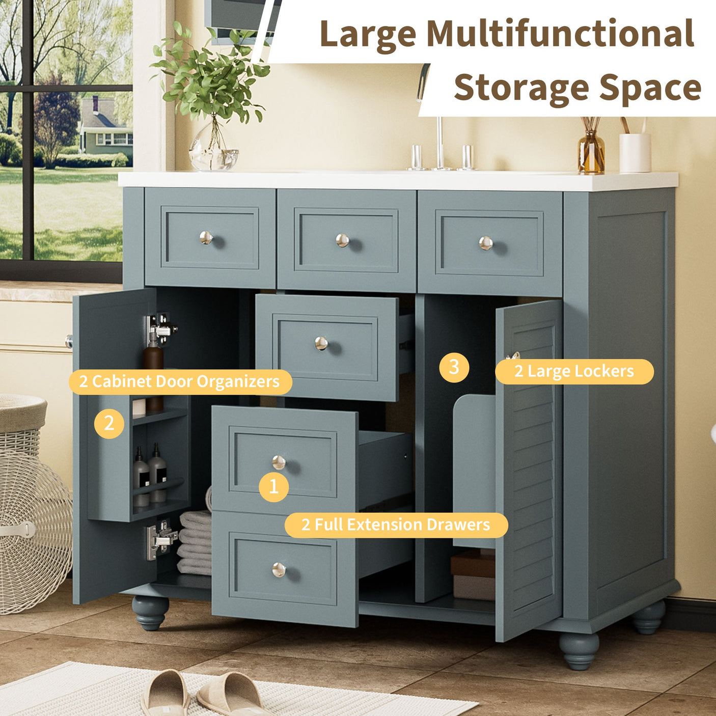 36 "bathroom makeup cabinet with resin sink combination and 2 drawers, with soft closing door, blue color eprolo