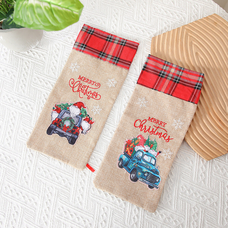 Christmas gift bag, letter printed Santa Claus home decoration, plaid linen red wine set Julia M Home & Kitchen