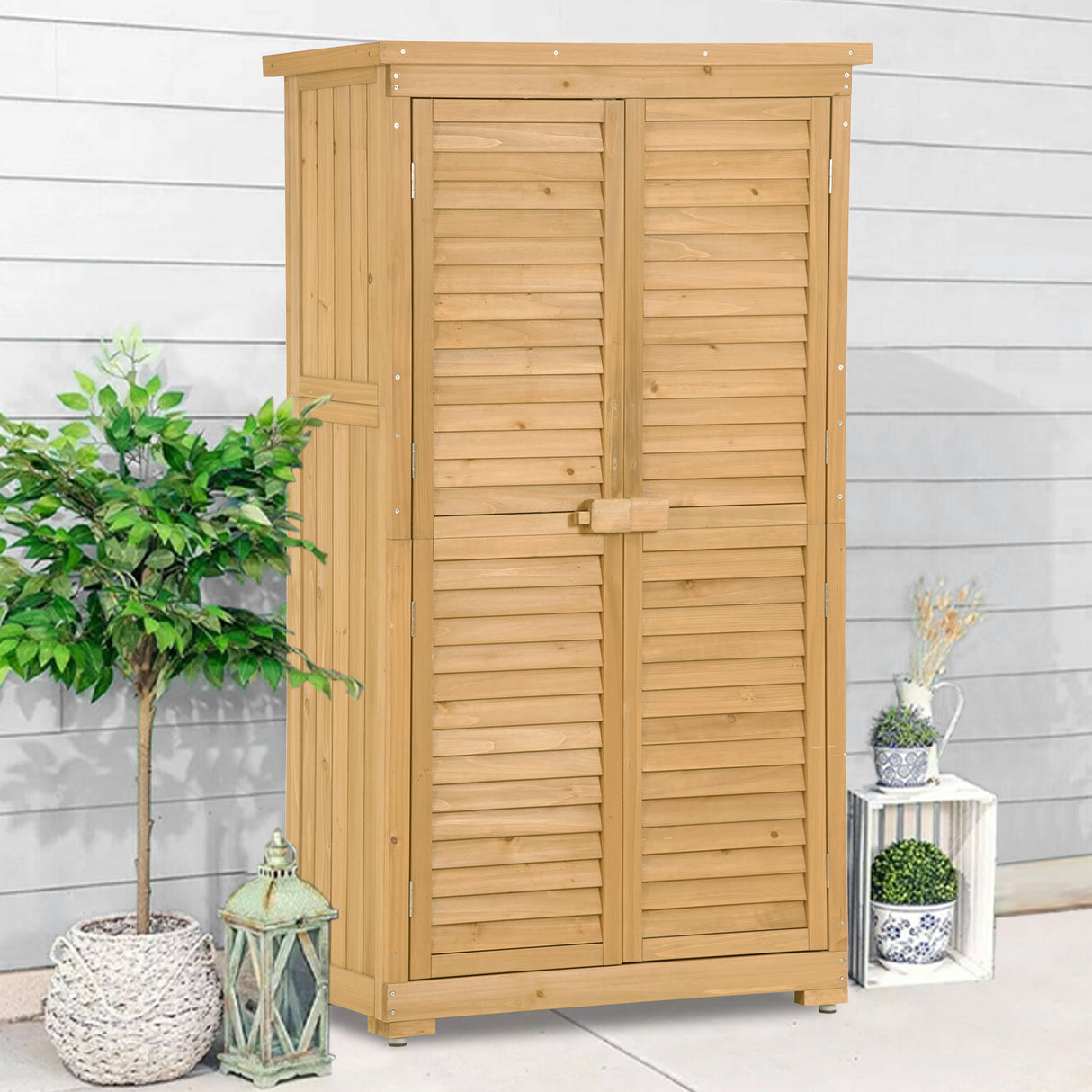 Wooden Garden Shed 3-tier Patio Storage Cabinet Outdoor Organizer Wooden Lockers with Wood (Natural Wood Color -Shutter Design) - Julia M LifeStyles