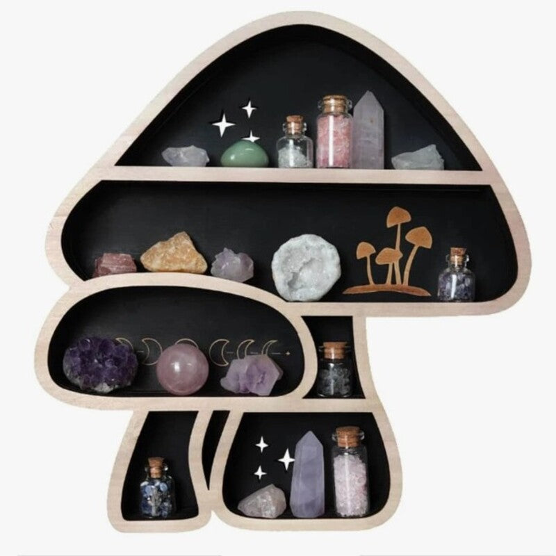 Adorable Mushroom - themed Decor. Wall - mounted Wooden Floating Mushroom Shelf. Ideal as a Crystal Display Shelf or a Rock Gem - Julia M LifeStyles
