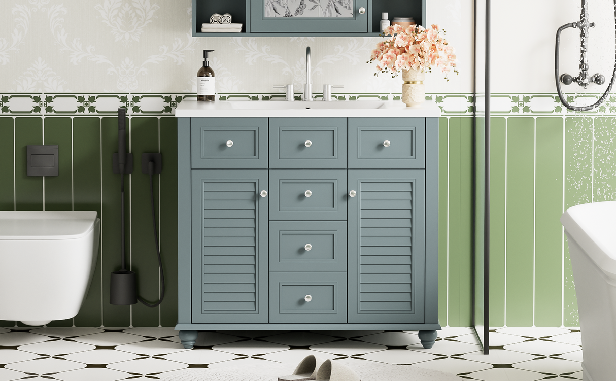 36 "bathroom makeup cabinet with resin sink combination and 2 drawers, with soft closing door, blue color eprolo