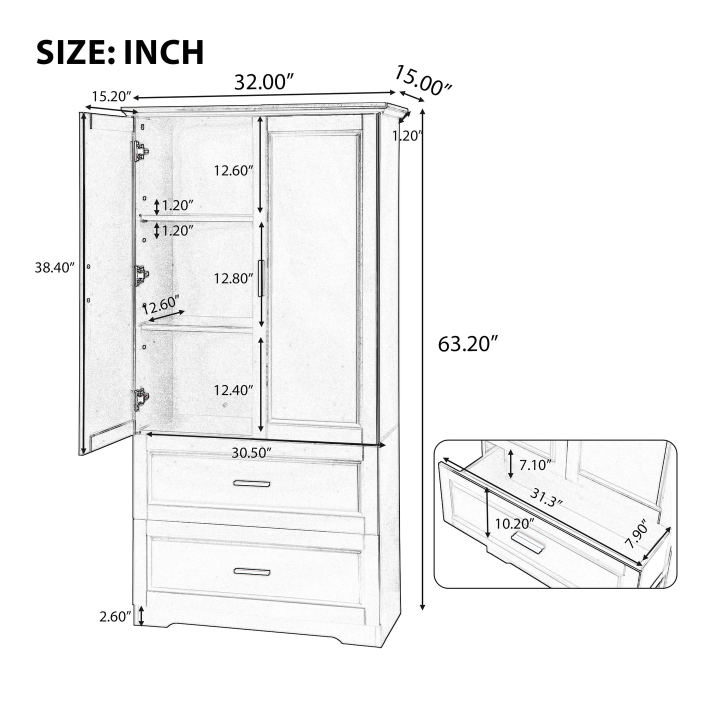 Tall Bathroom Storage Cabinet, Cabinet with Two Doors and Drawers, Adjustable Shelf, MDF Board, Black - Julia M LifeStyles