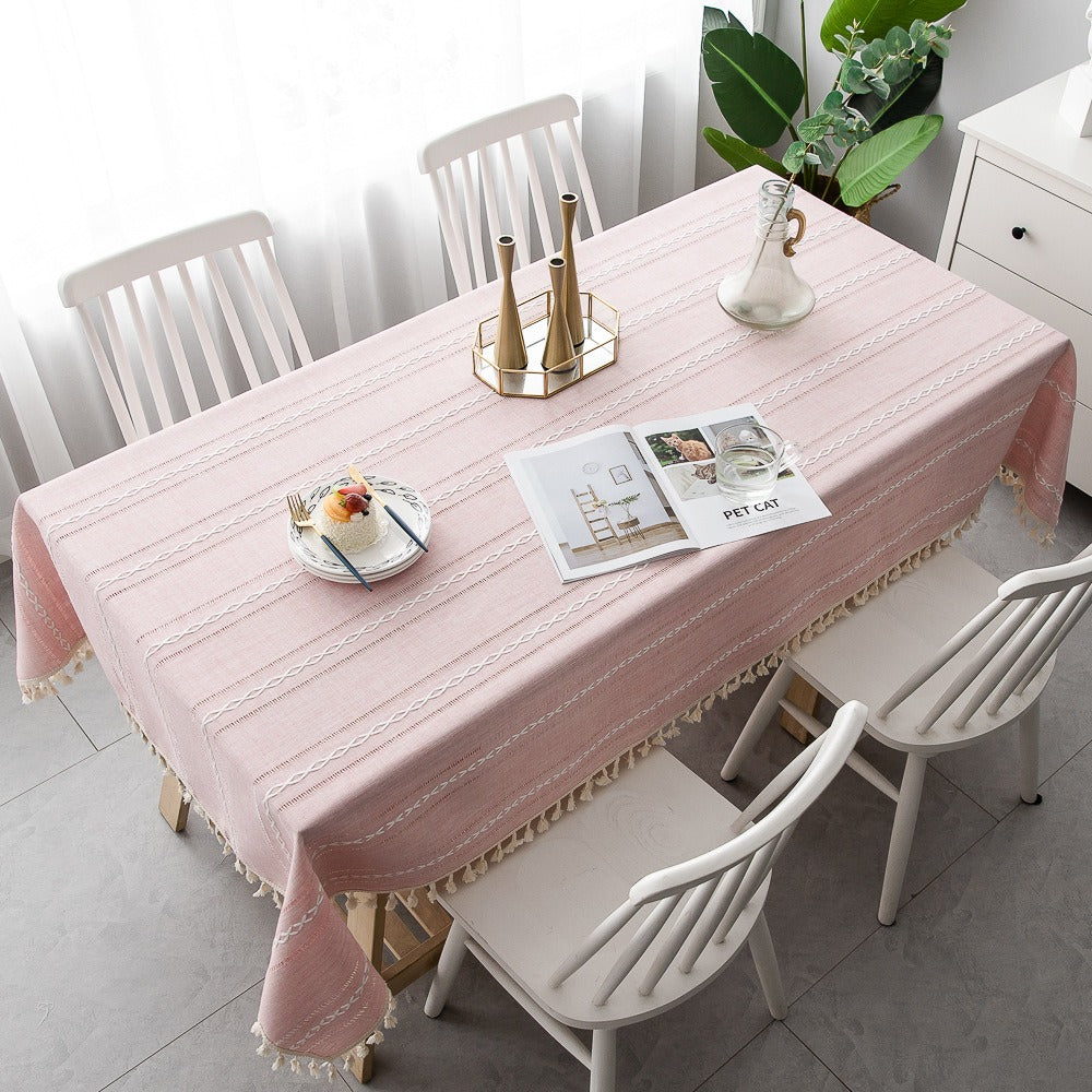 Nordic Christmas Table Cloth Hollow Tassel Table Cloth Solid Color Long Stripe Jacquard Table Cloth Tea Table Mat Cotton Linen Julia M Home & Kitchen