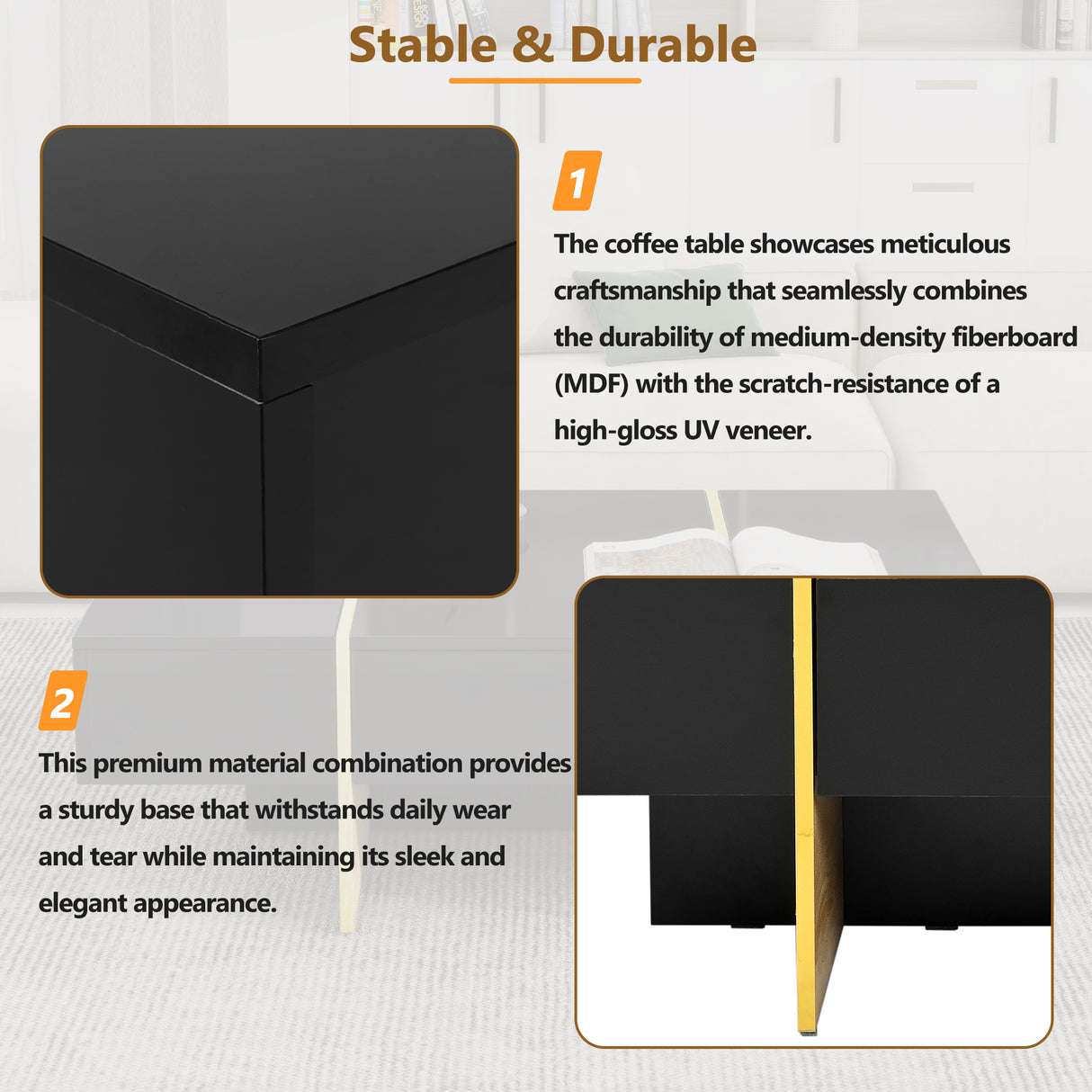 ON-TRANS 47.2 inch x 31.4 inch multifunctional rectangular sofa table with 2 drawers and gold wood grain leg center table, black - Julia M LifeStyles