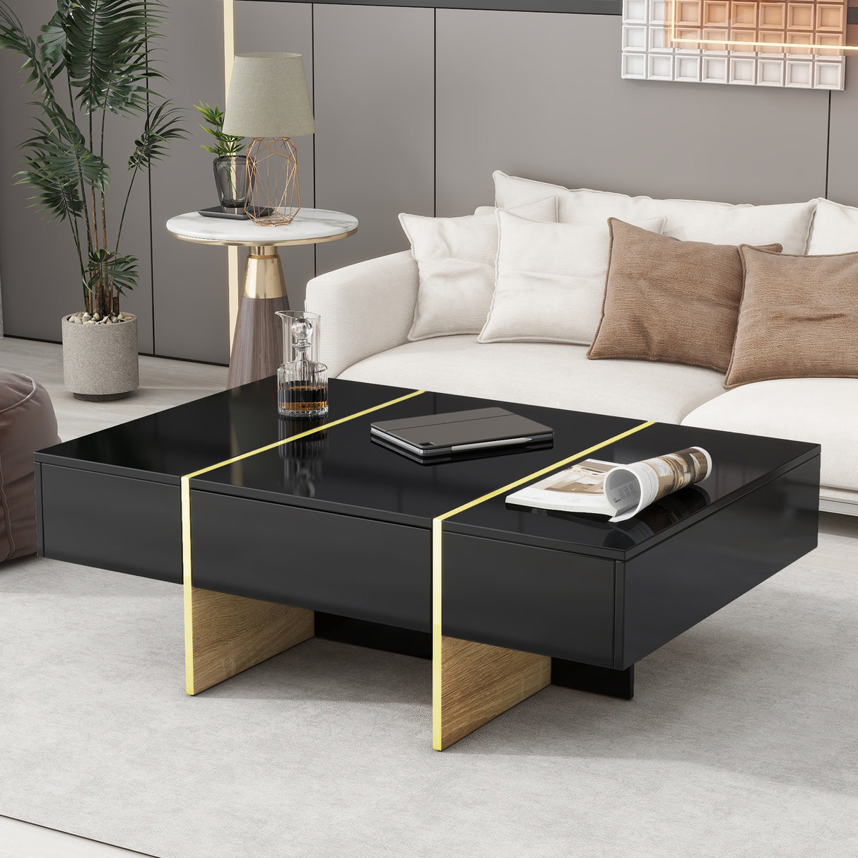 ON-TRANS 47.2 inch x 31.4 inch multifunctional rectangular sofa table with 2 drawers and gold wood grain leg center table, black - Julia M LifeStyles