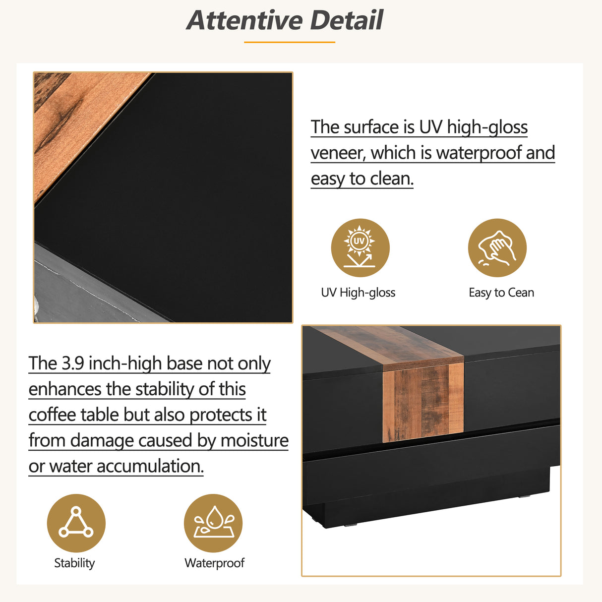 ON-TRANS 31.4 inches x 31.4 inches with sliding tabletop, high gloss center table, hidden storage room black - Julia M LifeStyles