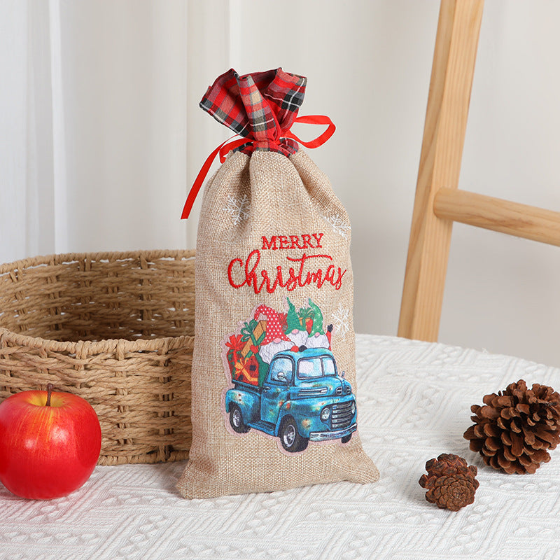 Christmas gift bag, letter printed Santa Claus home decoration, plaid linen red wine set Julia M Home & Kitchen