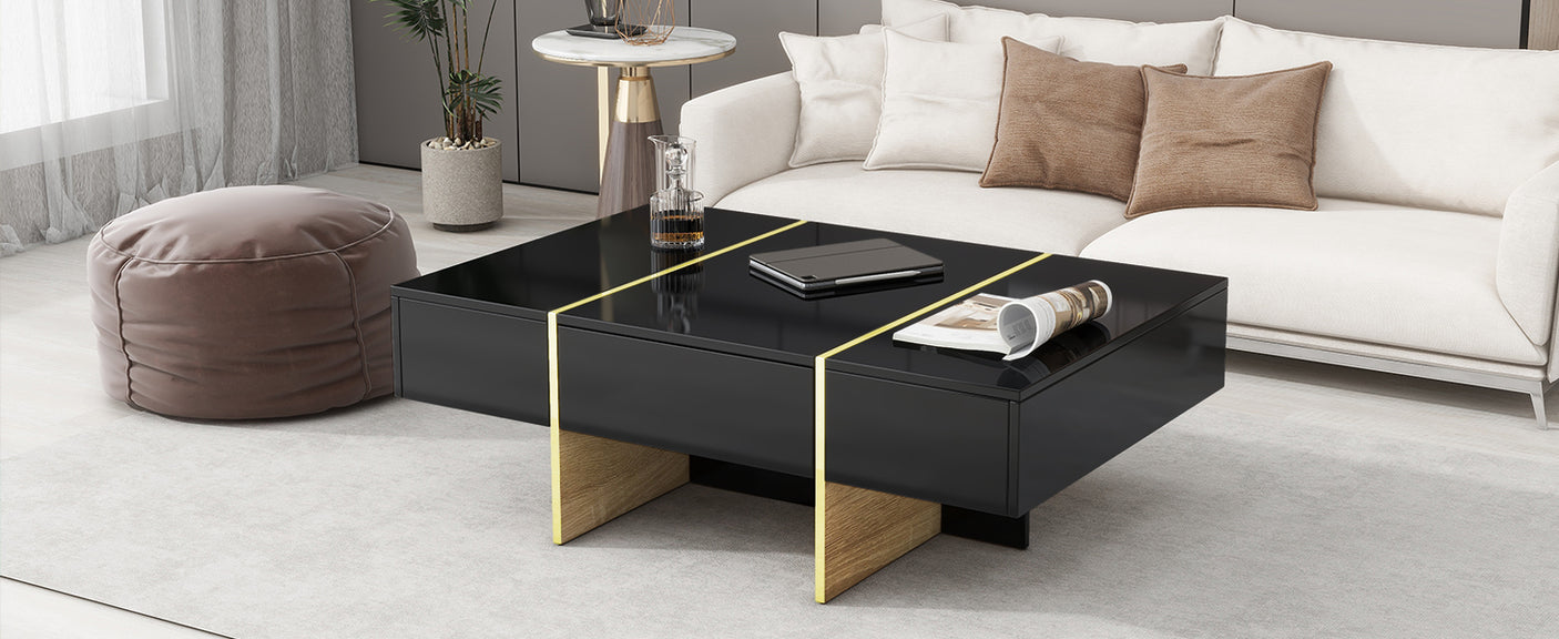 ON-TRANS 47.2 inch x 31.4 inch multifunctional rectangular sofa table with 2 drawers and gold wood grain leg center table, black - Julia M LifeStyles