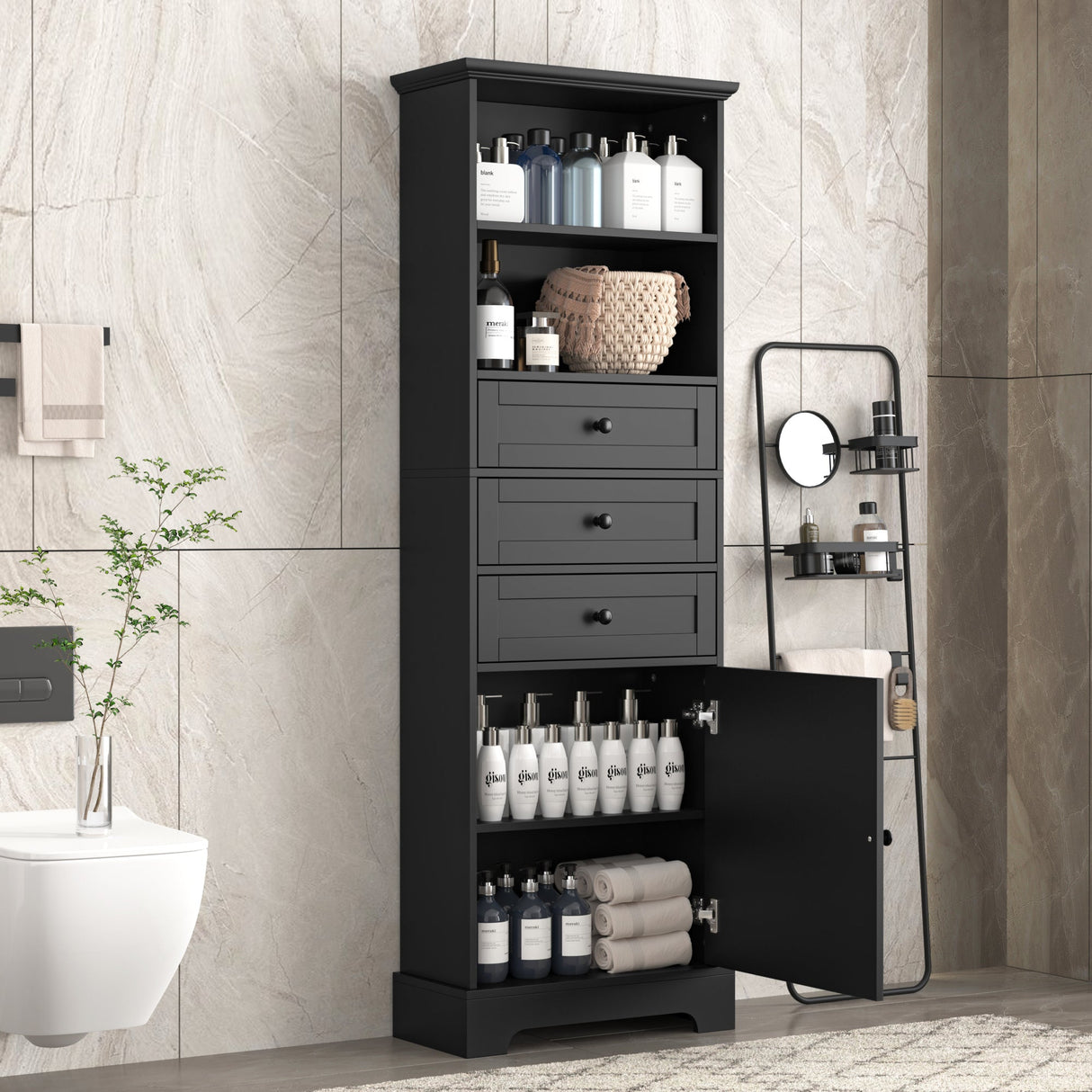 Black high storage cabinet with 3 drawers and adjustable shelves, MDF board painted eprolo