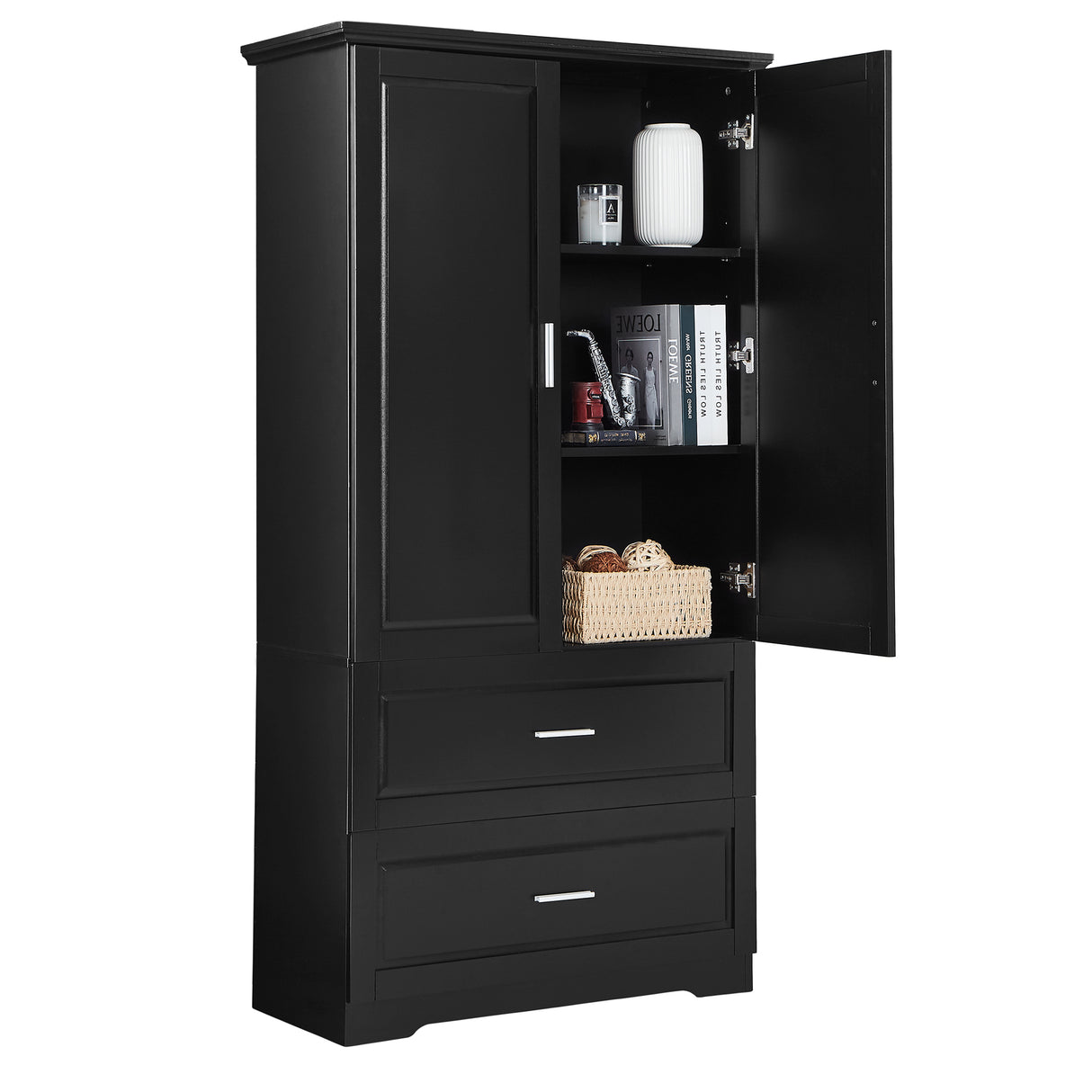Tall Bathroom Storage Cabinet, Cabinet with Two Doors and Drawers, Adjustable Shelf, MDF Board, Black - Julia M LifeStyles