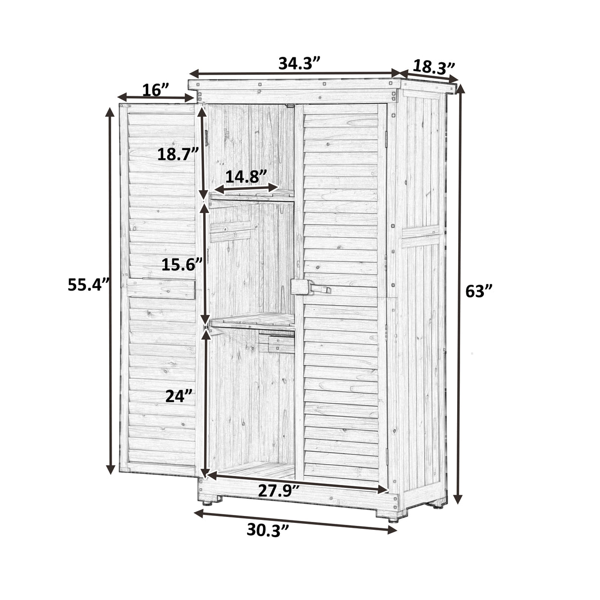 Wooden Garden Shed 3-tier Patio Storage Cabinet Outdoor Organizer Wooden Lockers with Wood (Natural Wood Color -Shutter Design) - Julia M LifeStyles