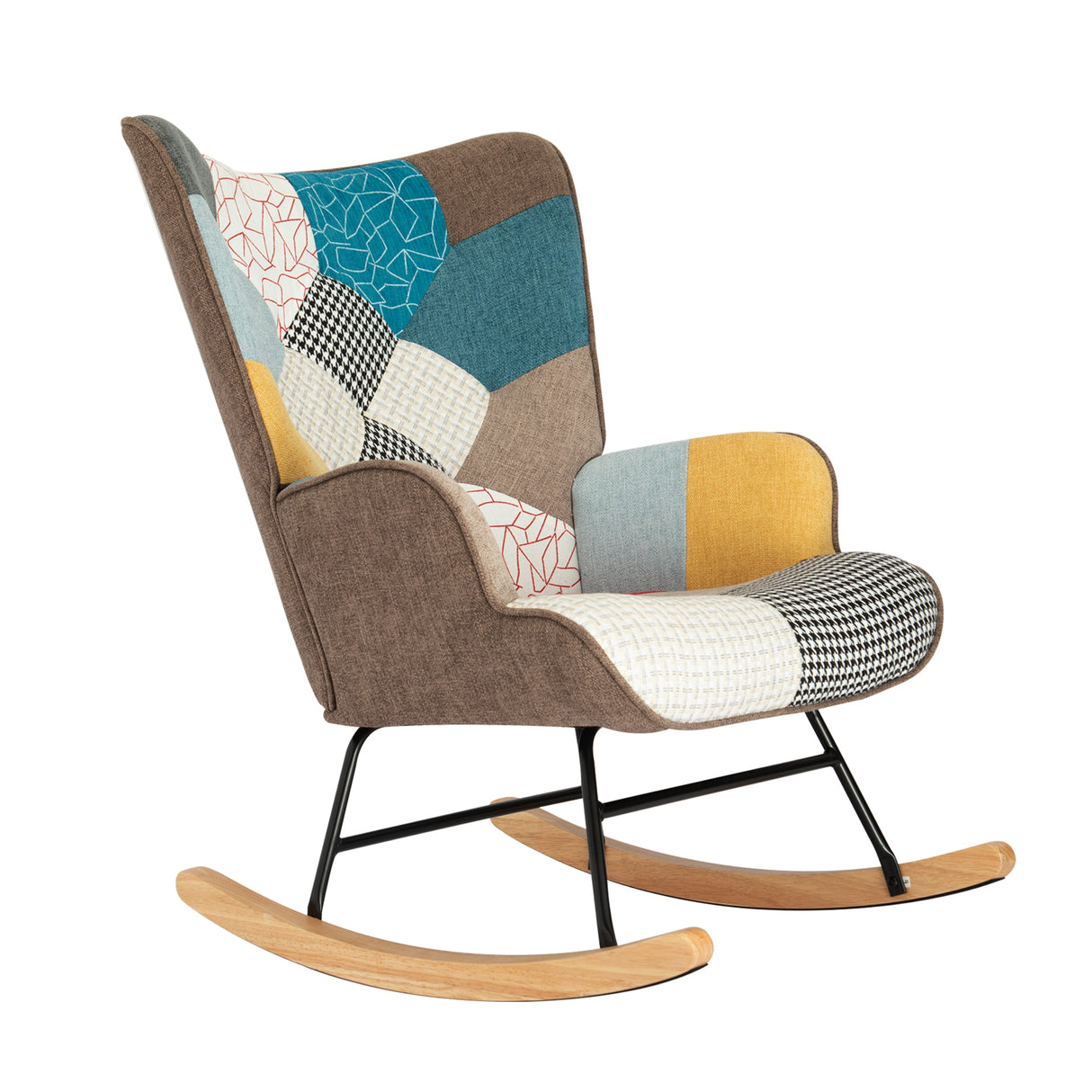 Rocking Chair with ottoman, Mid Century Fabric Rocker Chair with Wood Legs and Patchwork Linen for Livingroom Bedroom - Julia M LifeStyles