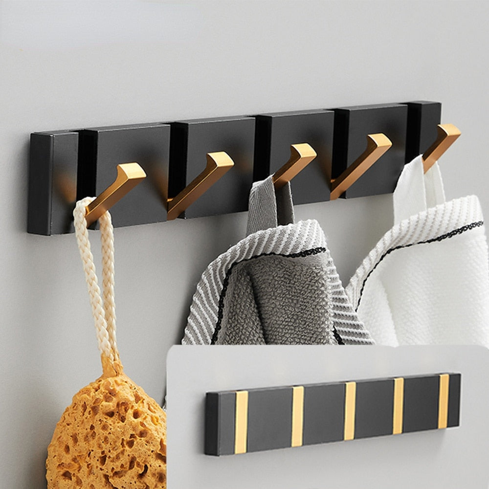 Folding Towel Hanger 2ways Installation Wall Hooks Coat Clothes Holder for Bathroom Kitchen Bedroom Hallway, Black Gold - Julia M LifeStyles