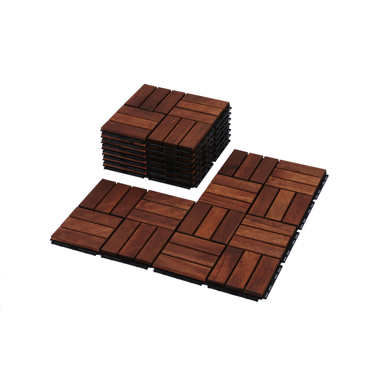 Acacia interlocking deck tile grid pattern, 10 pieces of 12 inch x 12 inch square brown Acacia hardwood outdoor flooring - Julia M LifeStyles