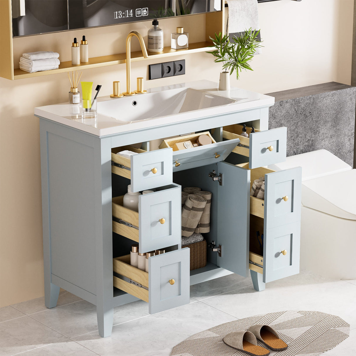 36 inch bathroom vanity with resin sink combination set with 6 drawers and 2 cabinets, storage cabinet vanity set, light blue Julia M Home & Kitchen