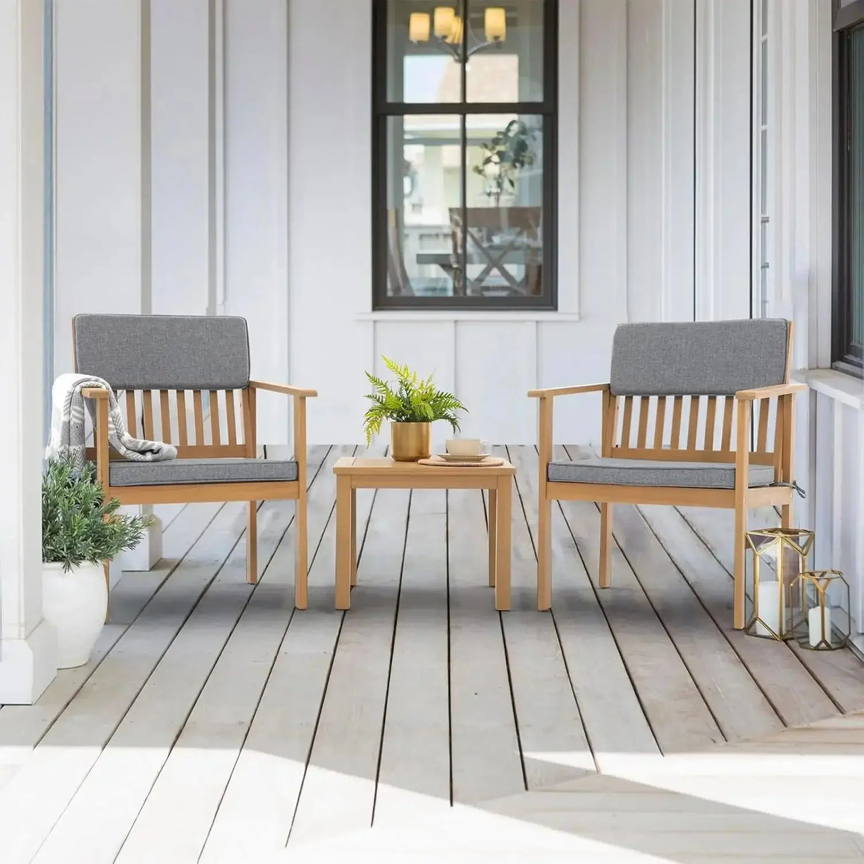 Acacia Wood 3-Piece Outdoor Bistro Set with Cream Cushions - Julia M LifeStyles
