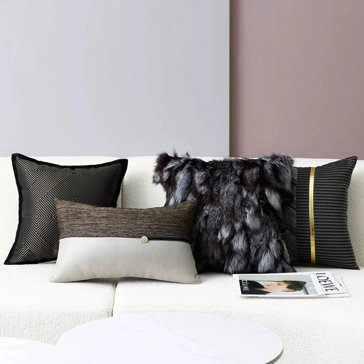 Accessible Luxury Wind Black Geometric Fox Fur Pillow Cover - Julia M LifeStyles