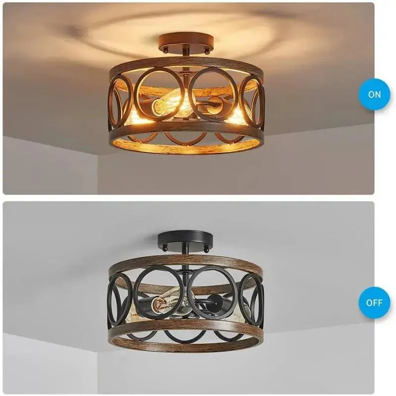 American Industrial Circular Chandelier with Retro Iron Art and Wood Grain - Julia M LifeStyles