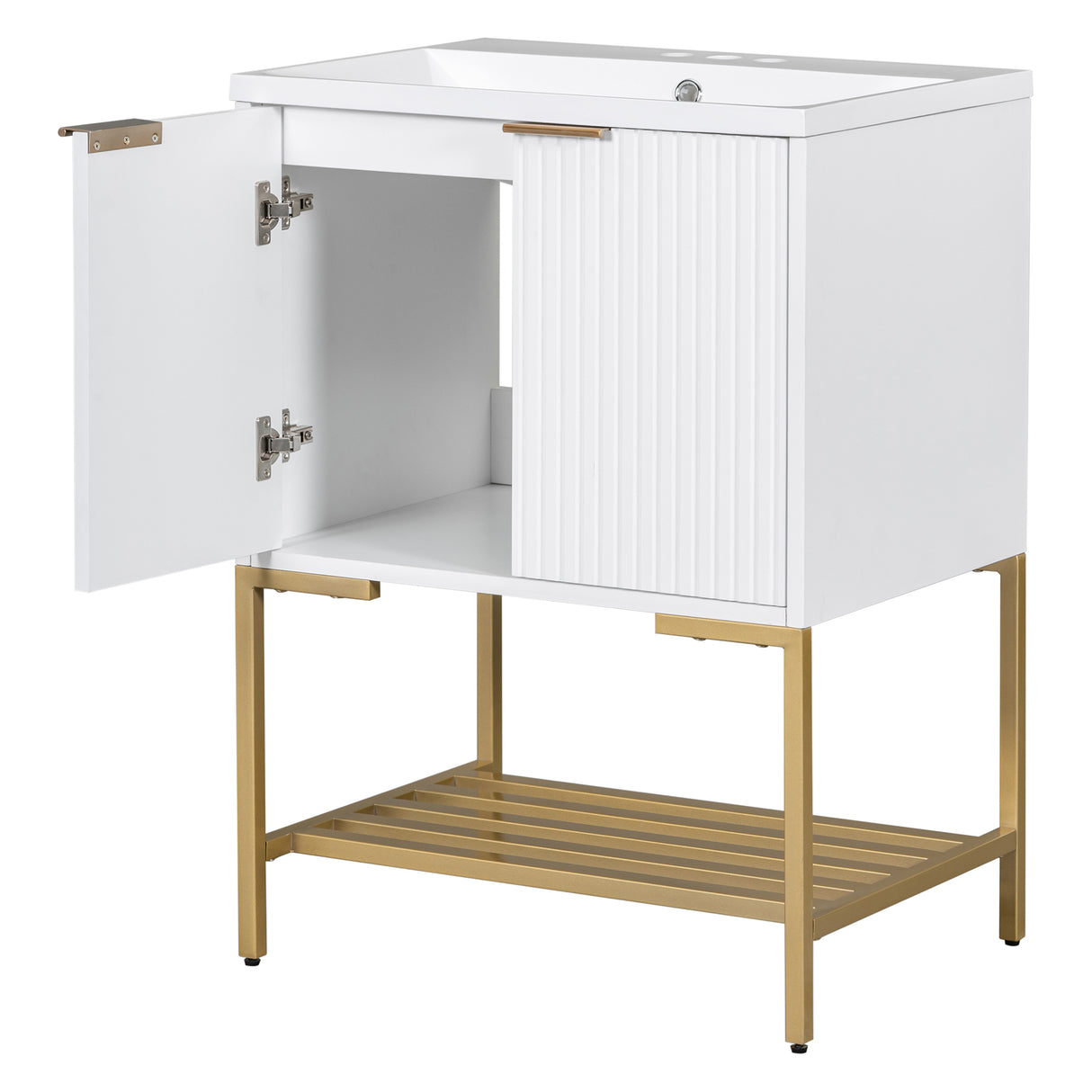 24" Bathroom Vanity with Sink, Bathroom Vanity Cabinet with Two Doors and Gold Metal Frame, Open Storage Shelf, White - Julia M LifeStyles