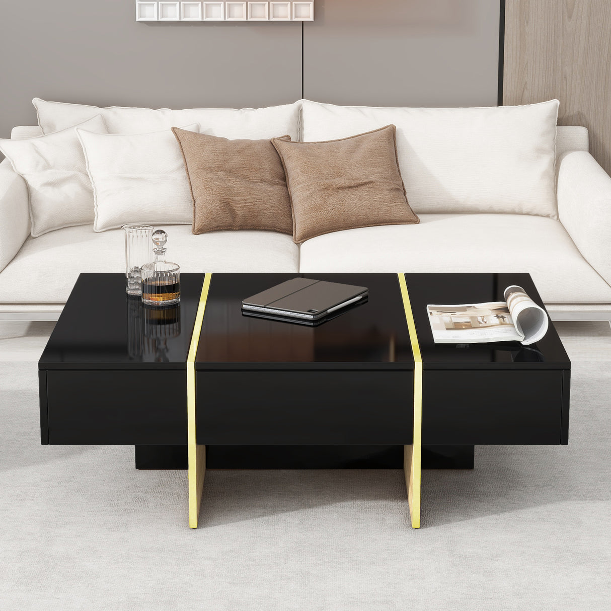 ON-TRANS 47.2 inch x 31.4 inch multifunctional rectangular sofa table with 2 drawers and gold wood grain leg center table, black - Julia M LifeStyles