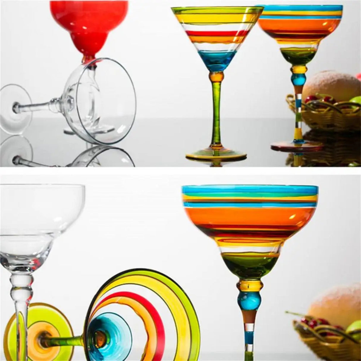 Collage of colorful glassware with striped patterns on a white background.