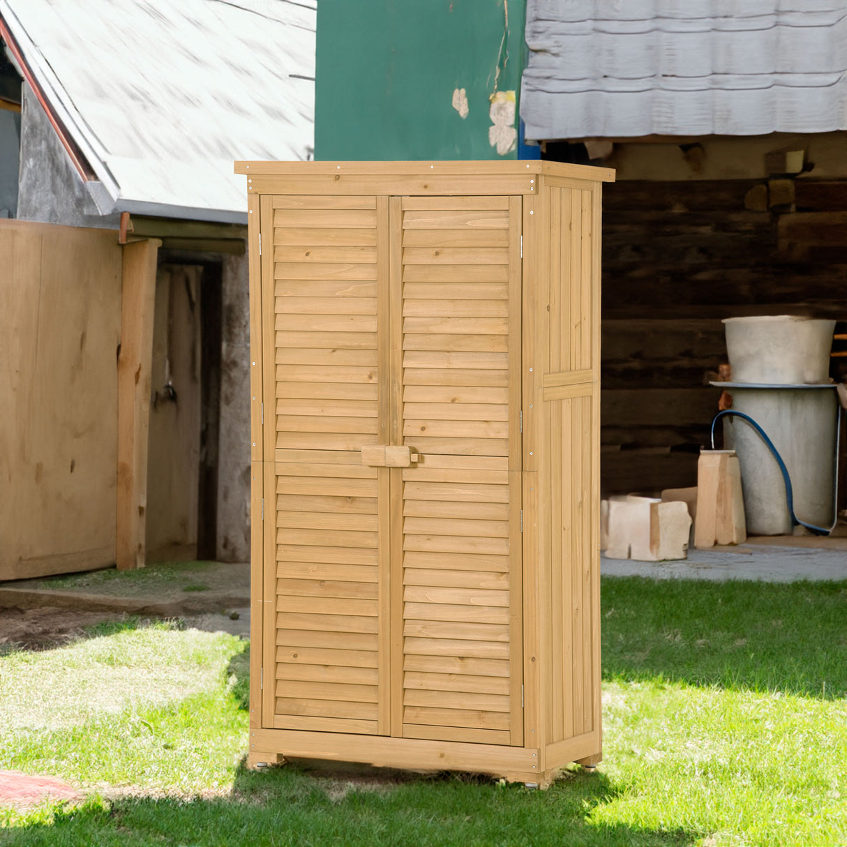 Wooden Garden Shed 3-tier Patio Storage Cabinet Outdoor Organizer Wooden Lockers with Wood (Natural Wood Color -Shutter Design) - Julia M LifeStyles