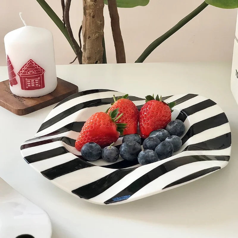 Nordic Ceramic Plate Dot Stripe Irregular Wave Shape Ceramic Dessert Plate Pasta Plate Dinner Plates Ceramic Dish Plates Julia M Home & Kitchen