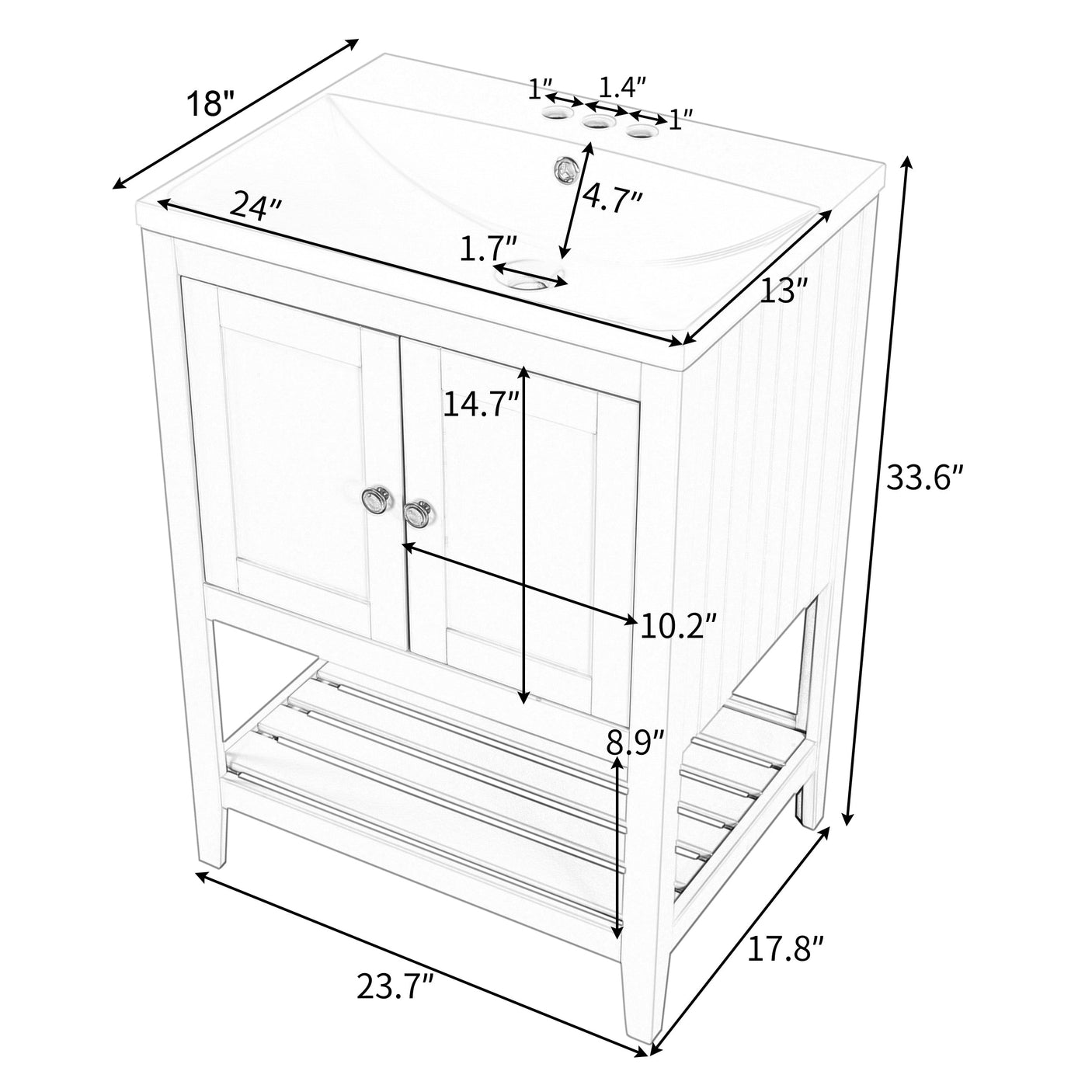 24" White Modern Sleek Bathroom Vanity Elegant Ceramic Sink with Solid Wood Frame Open Style Shelf Julia M Home & Kitchen