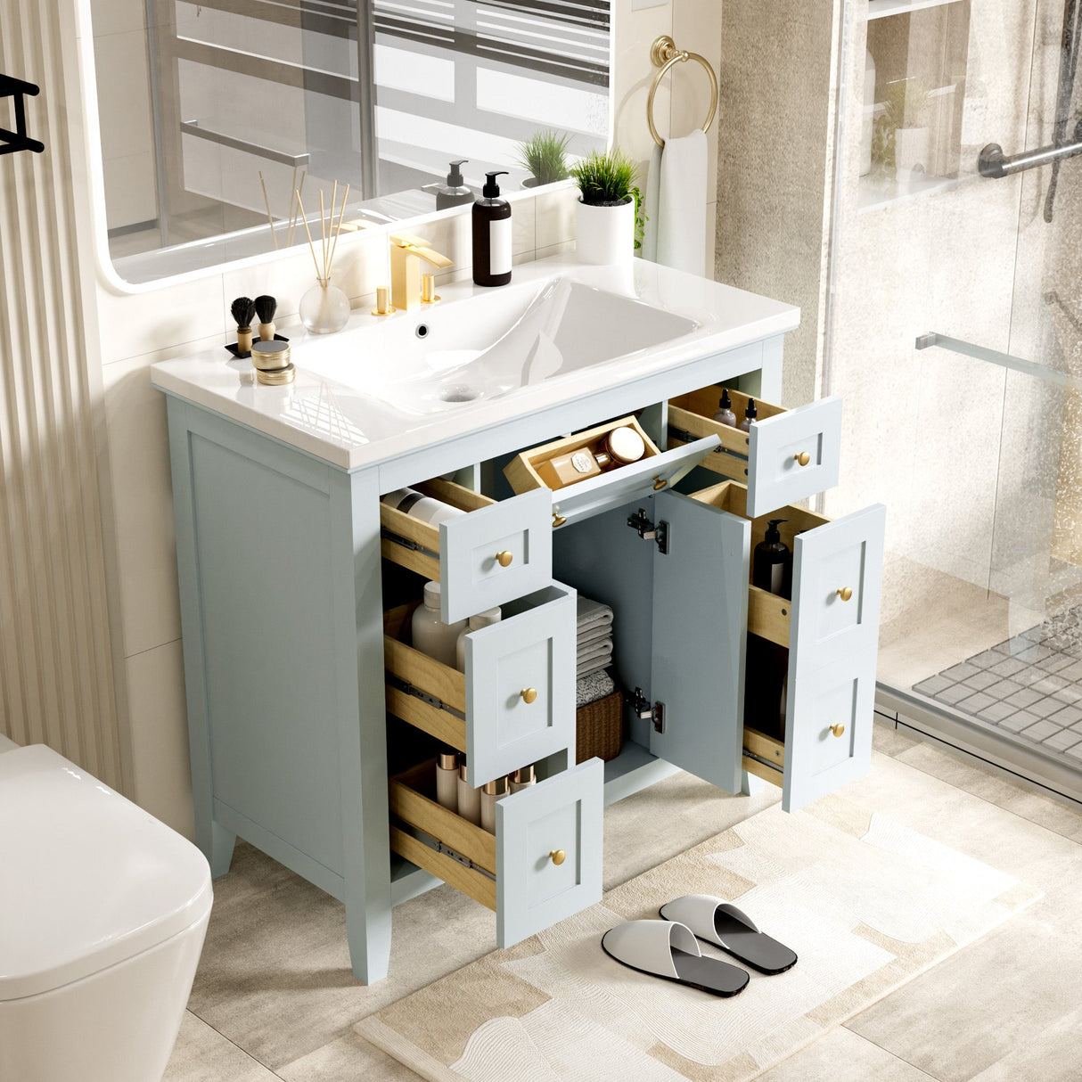 36 inch bathroom vanity with resin sink combination set with 6 drawers and 2 cabinets, storage cabinet vanity set, light blue Julia M Home & Kitchen