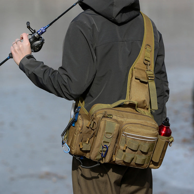 Men's Fishing Backpack: Equipped with bait box, equipment storage bag, pole holder, sling & shoulder bag design. eprolo