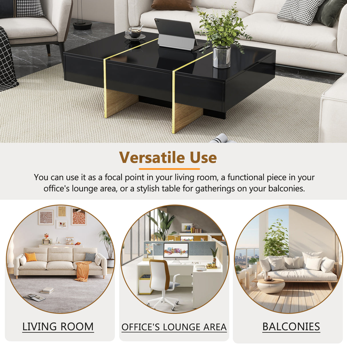 ON-TRANS 47.2 inch x 31.4 inch multifunctional rectangular sofa table with 2 drawers and gold wood grain leg center table, black - Julia M LifeStyles