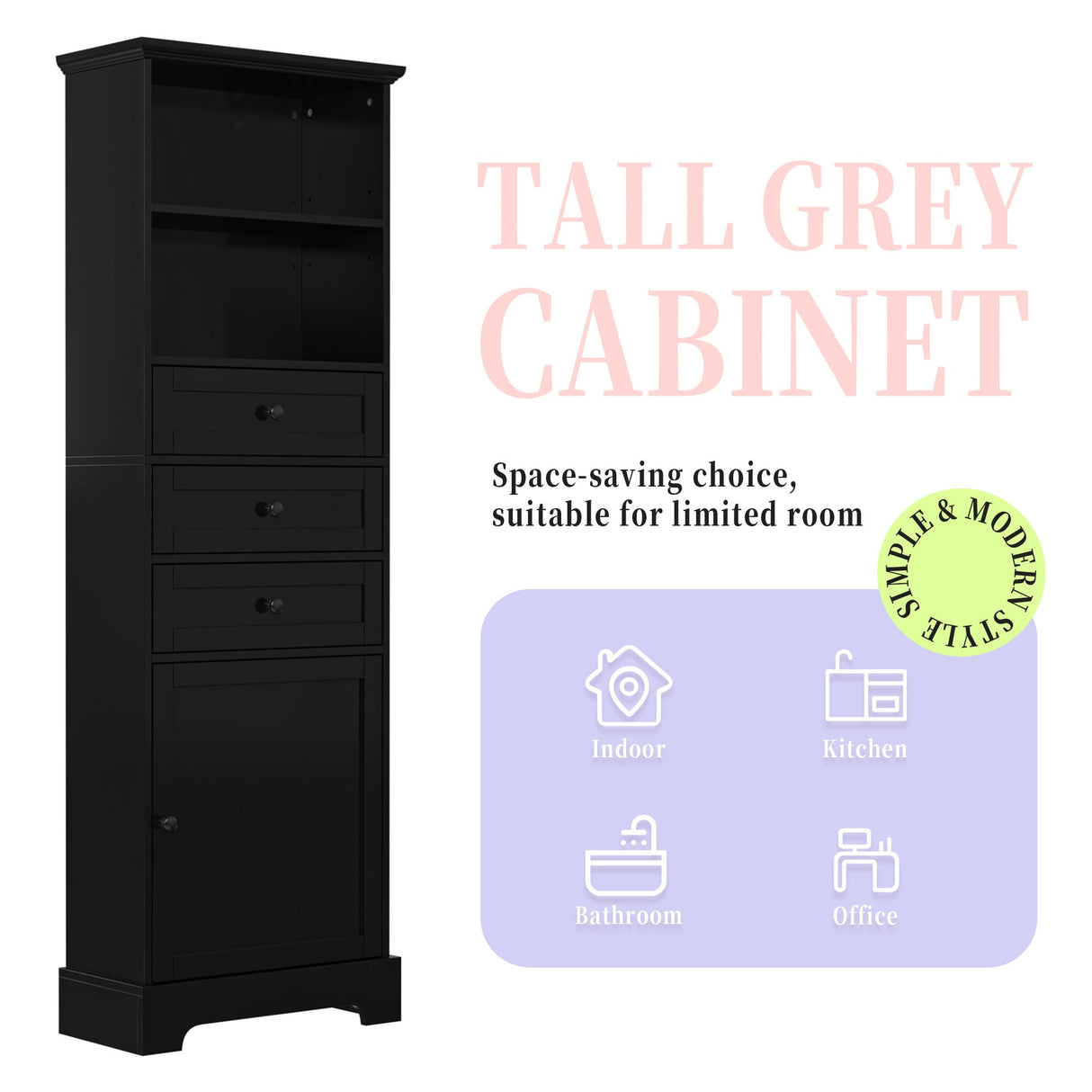 Black high storage cabinet with 3 drawers and adjustable shelves, MDF board painted eprolo