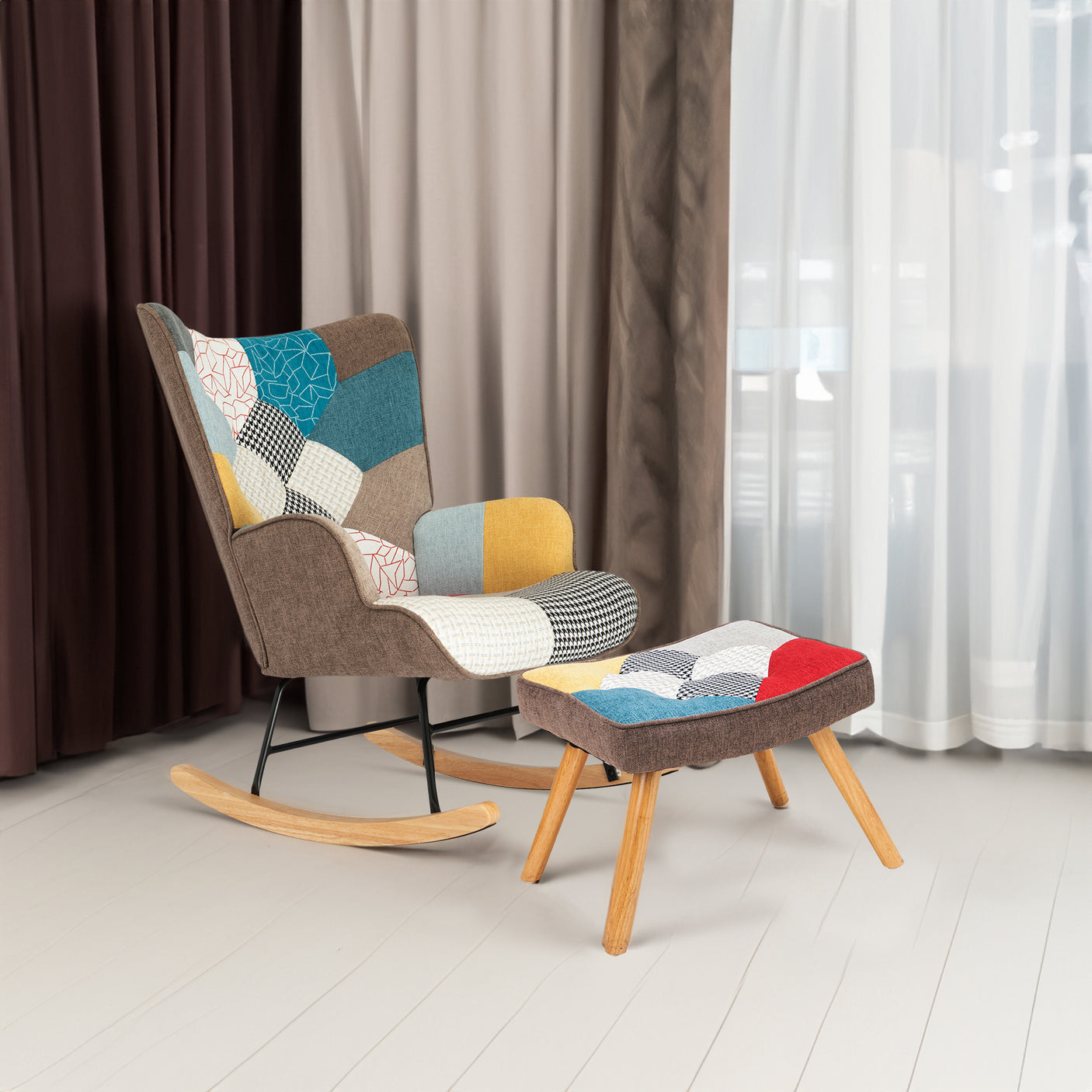 Rocking Chair with ottoman, Mid Century Fabric Rocker Chair with Wood Legs and Patchwork Linen for Livingroom Bedroom - Julia M LifeStyles