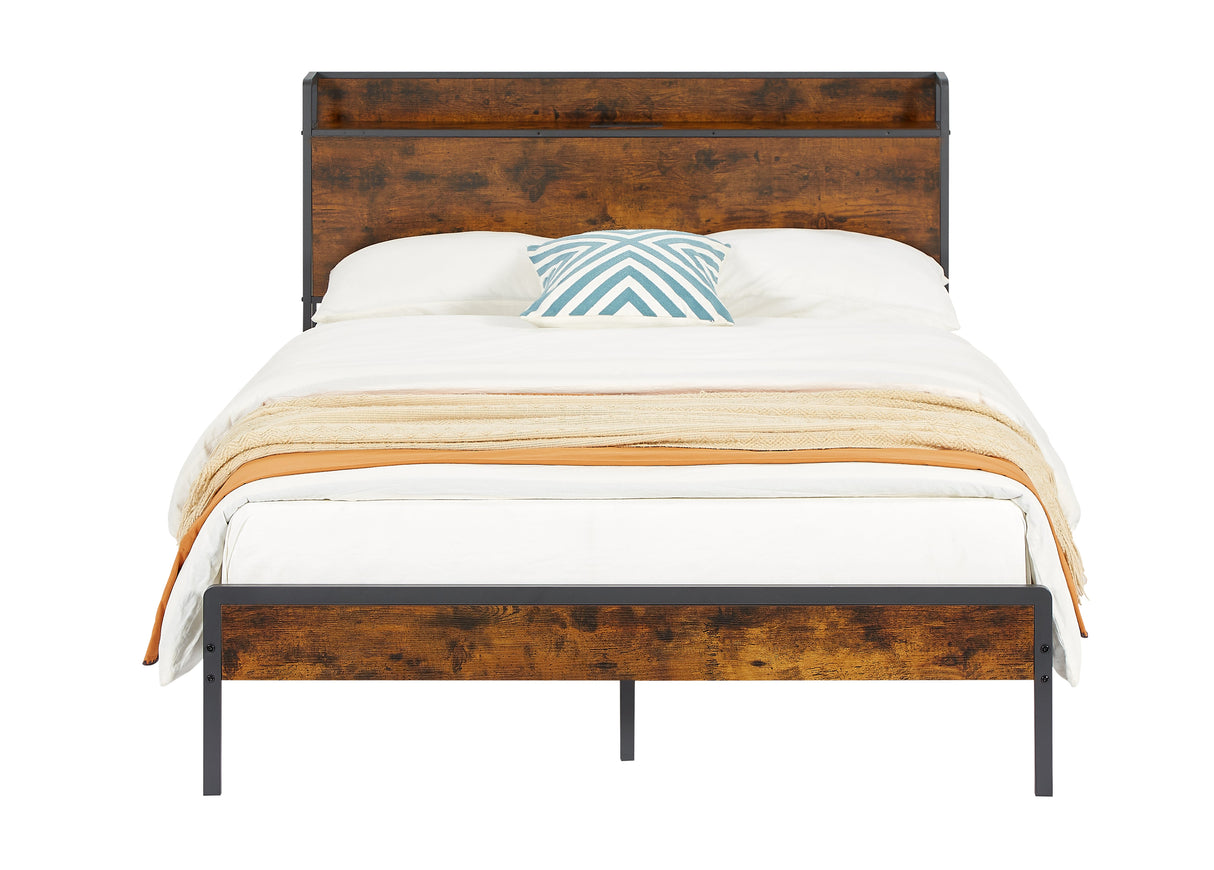 Bed frame with charging station full size, Rustic Brown, 83.1'' L x 56.1'' W x 39'' H eprolo