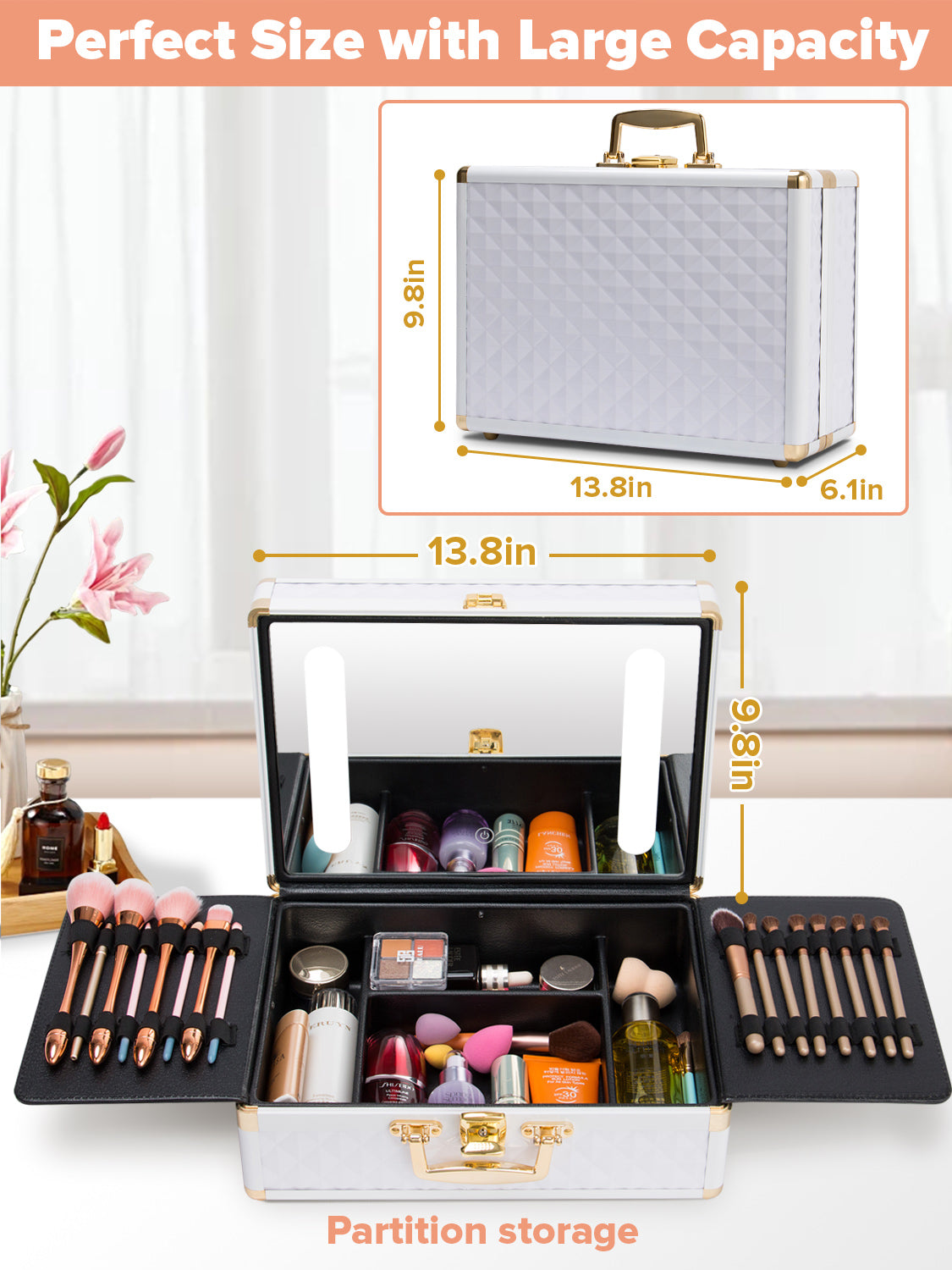 Portable makeup case, travel makeup bag with LED mirror, locked makeup storage box, brush holder, divider, rechargeable, white - Julia M LifeStyles