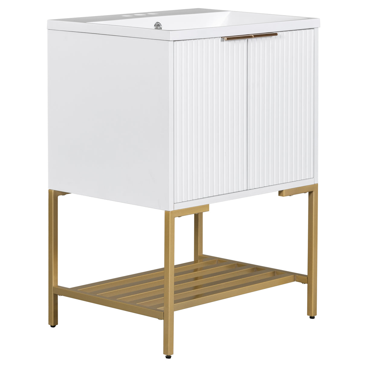 24" Bathroom Vanity with Sink, Bathroom Vanity Cabinet with Two Doors and Gold Metal Frame, Open Storage Shelf, White - Julia M LifeStyles